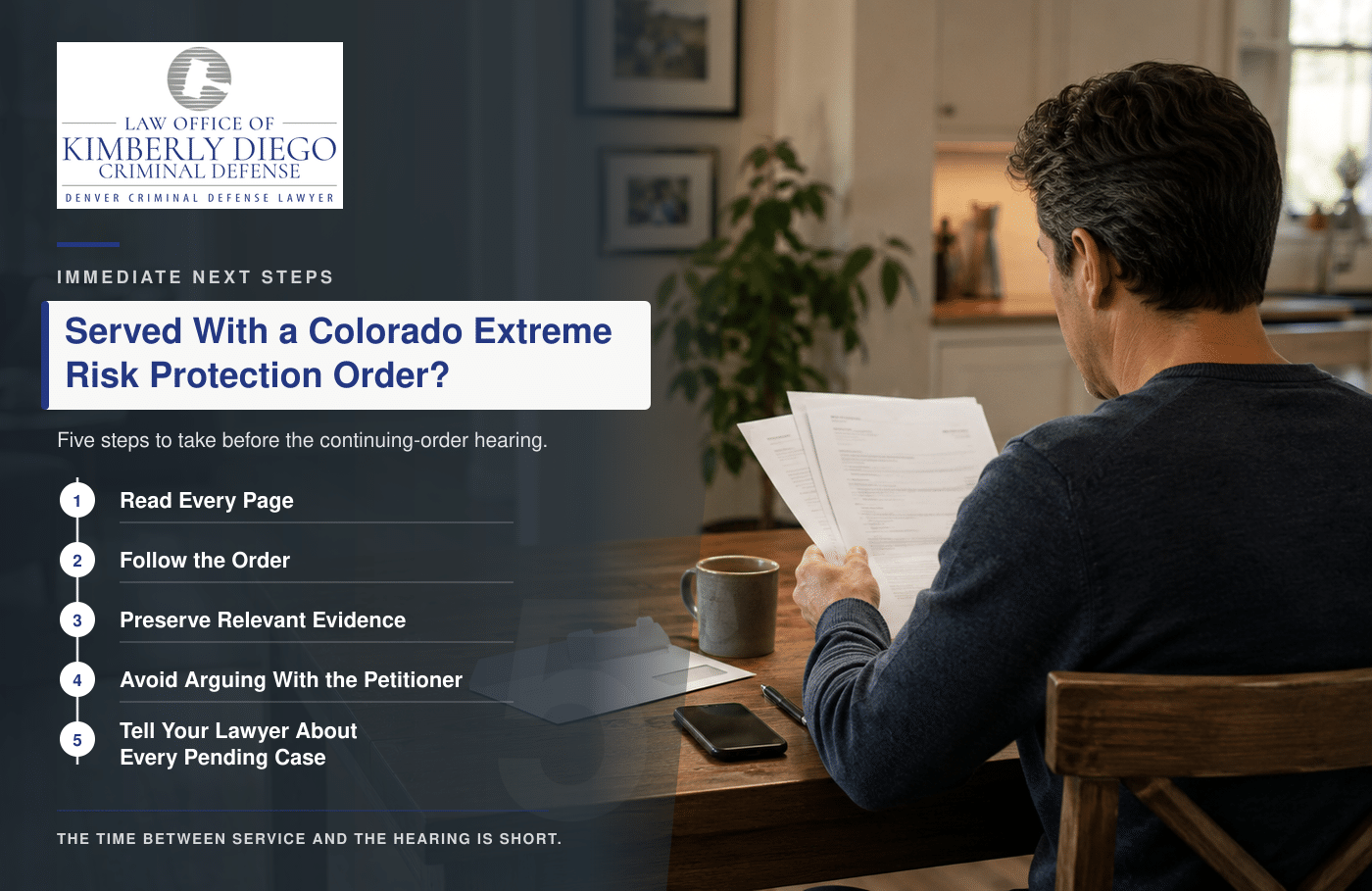 Person reviewing Colorado extreme risk protection order paperwork at home beside five immediate next steps