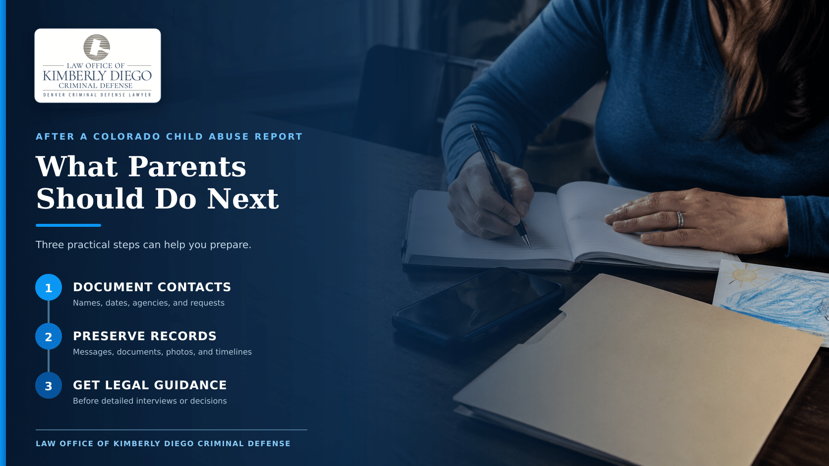 Kimberly Diego with four steps to take after a Colorado caseworker or detective contacts a parent